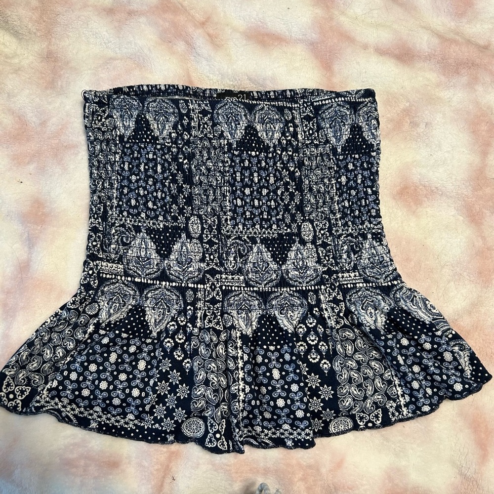 Navy and White Patterned Women's Top